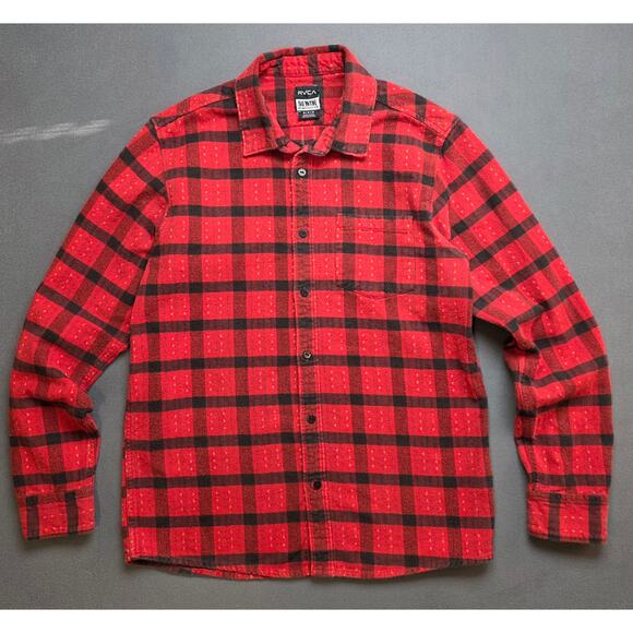 RVCA Mens Medium Flannel Shirt Red Black Plaid Button-up Heavyweight Cotton - Picture 2 of 10